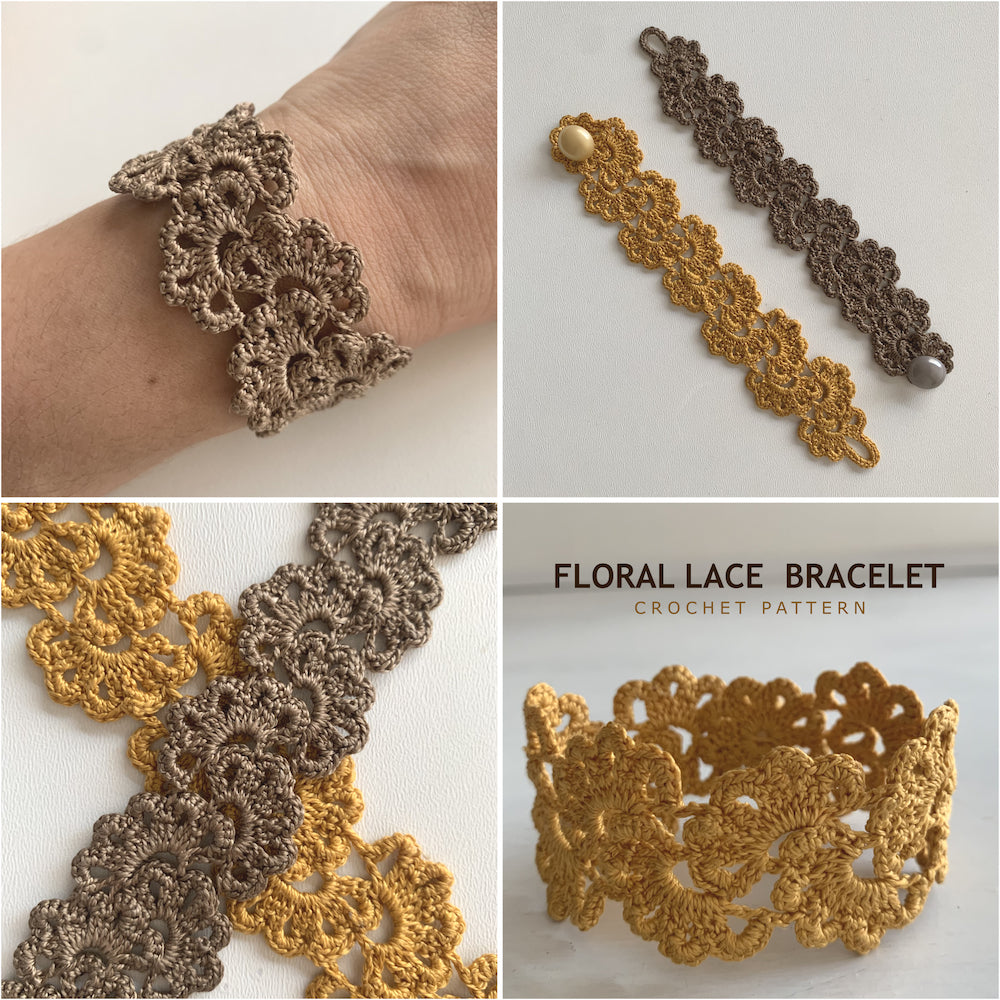 A four-panel collage showing a floral lace crochet bracelet. One panel shows the bracelet worn on a wrist, while the other three show close-up views of the bracelet laid flat in two colorways: a warm mustard gold and a taupe-brown.