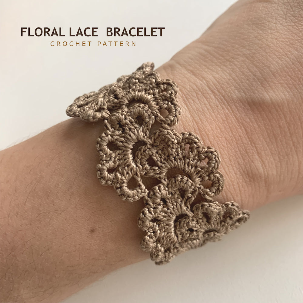 A close-up of a crocheted floral lace bracelet worn on a person's wrist, with text in the upper left reading 'FLORAL LACE BRACELET' and 'CROCHET PATTERN'.