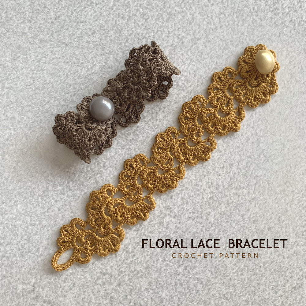 Two crocheted floral lace bracelets are displayed on a light textured background, one in dark brown with a gray pearl and one in mustard gold with a cream pearl. Text at the bottom reads 'FLORAL LACE BRACELET CROCHET PATTERN'.