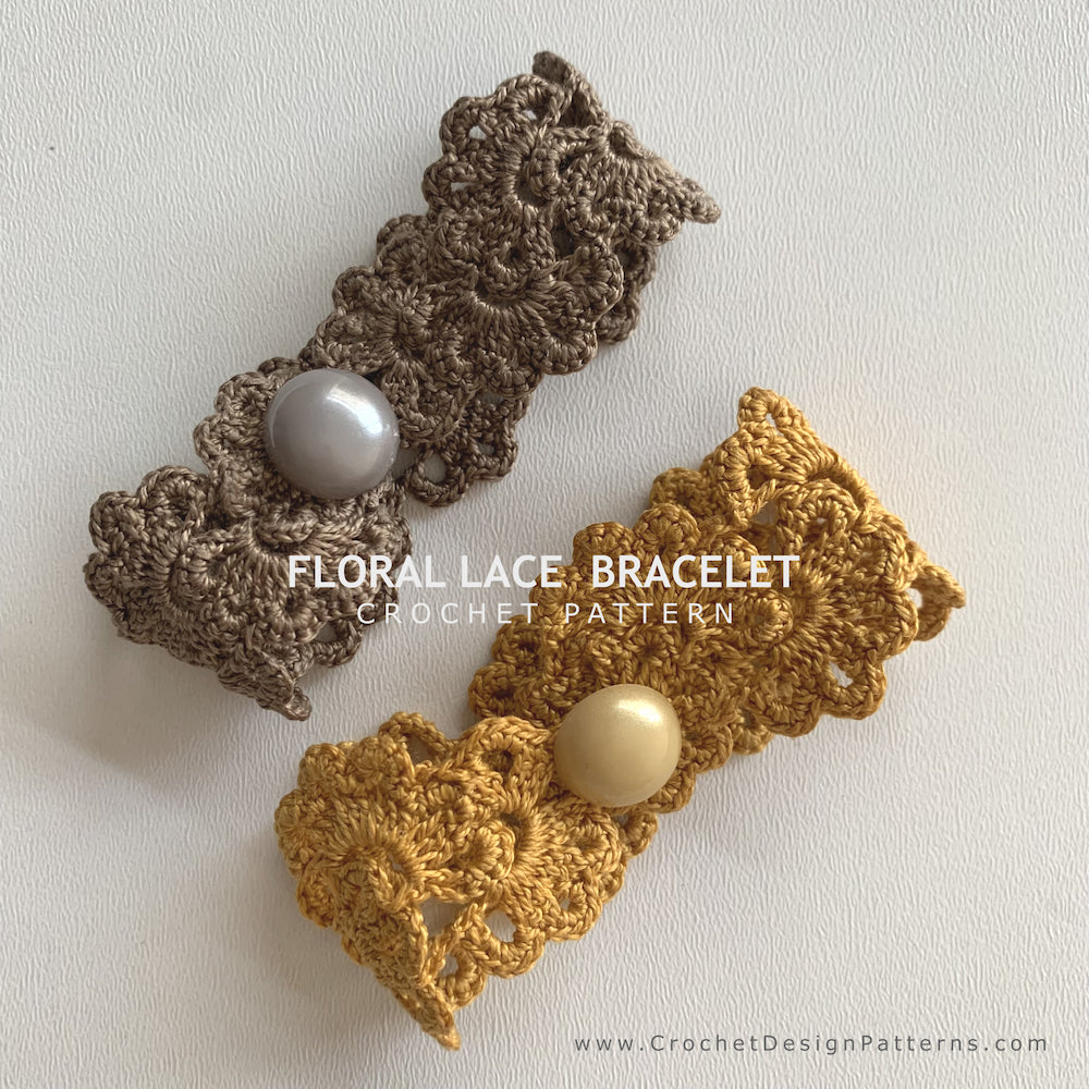 Two crocheted floral lace bracelets shown on a light neutral background, one in taupe-brown with a gray pearl and one in mustard-yellow with a cream pearl. White text overlay reads 'FLORAL LACE BRACELET CROCHET PATTERN'.