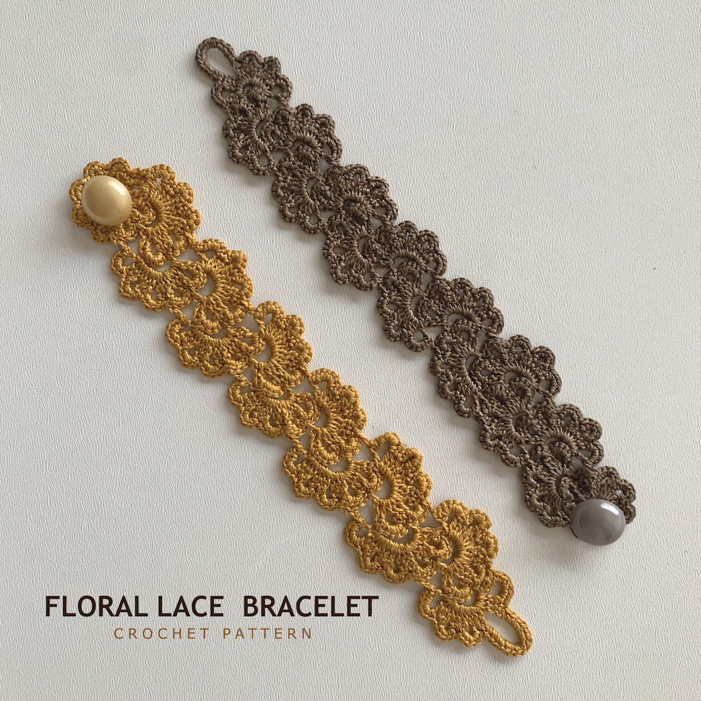 Two crocheted floral lace bracelets shown on a light neutral background, one in mustard yellow with a cream pearl button like bead and one in taupe-brown with a gray bead. Text at the bottom reads 'FLORAL LACE BRACELET CROCHET PATTERN'.