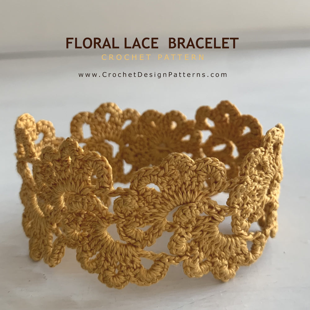 A golden yellow floral lace crochet bracelet displayed on a light gray background with text overlay reading 'FLORAL LACE BRACELET CROCHET PATTERN' and a website URL.