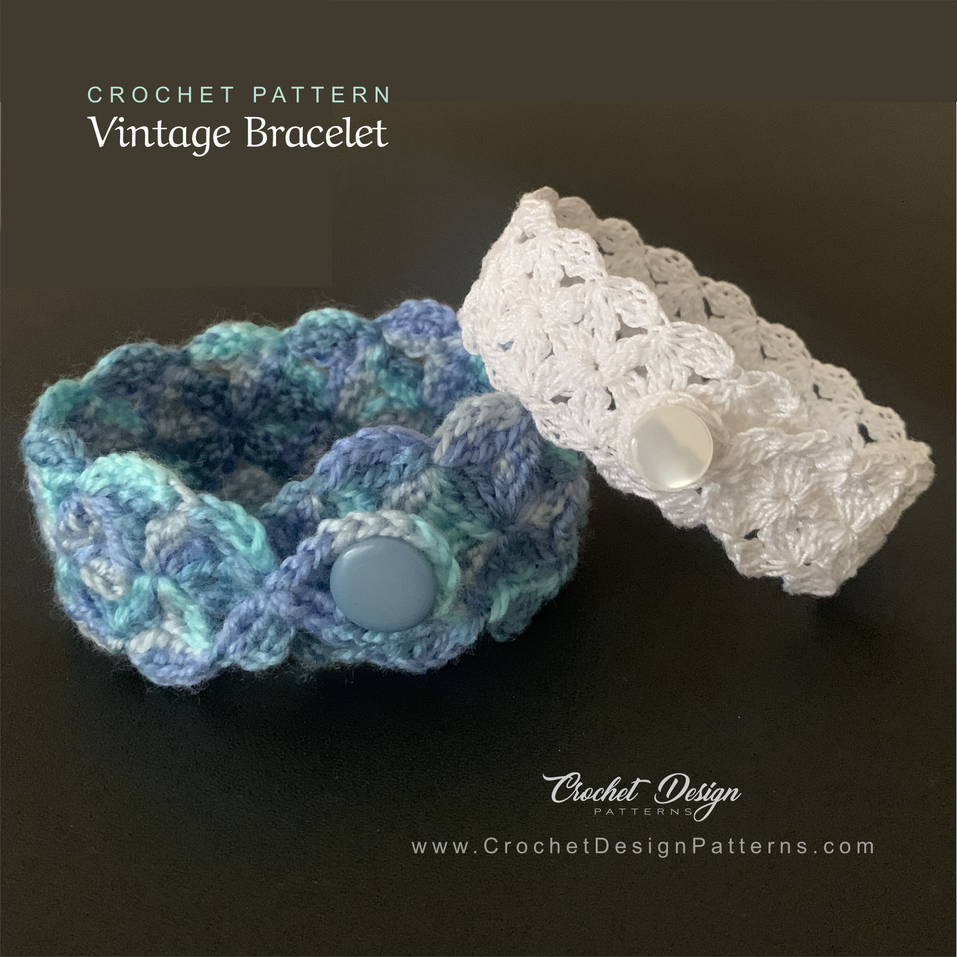 Vintage Crochet Bracelet Pattern Two crochet bracelets displayed against a dark background, one in blue and white variegated yarn, the other in a solid white yarn, both with button closures.