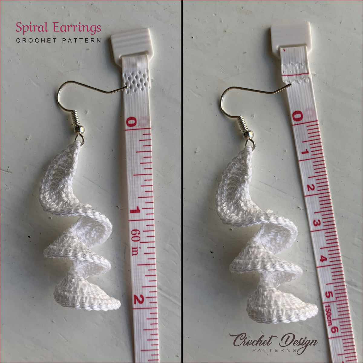Crochet spiral earrings measured with ruler showing size