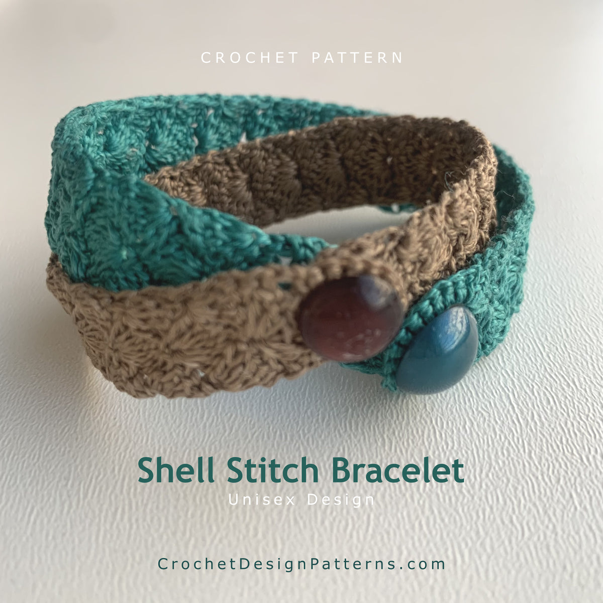Shell Stitch Crochet Bracelet Pattern — unisex teal and tan crochet bracelet with button closure