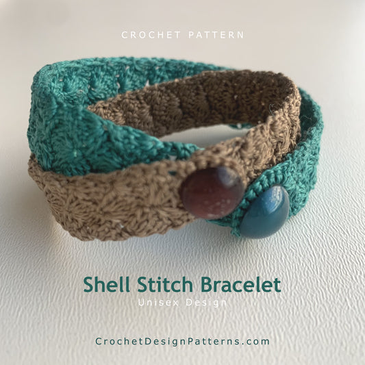 Shell Stitch Crochet Bracelet Pattern — unisex teal and tan crochet bracelet with button closure